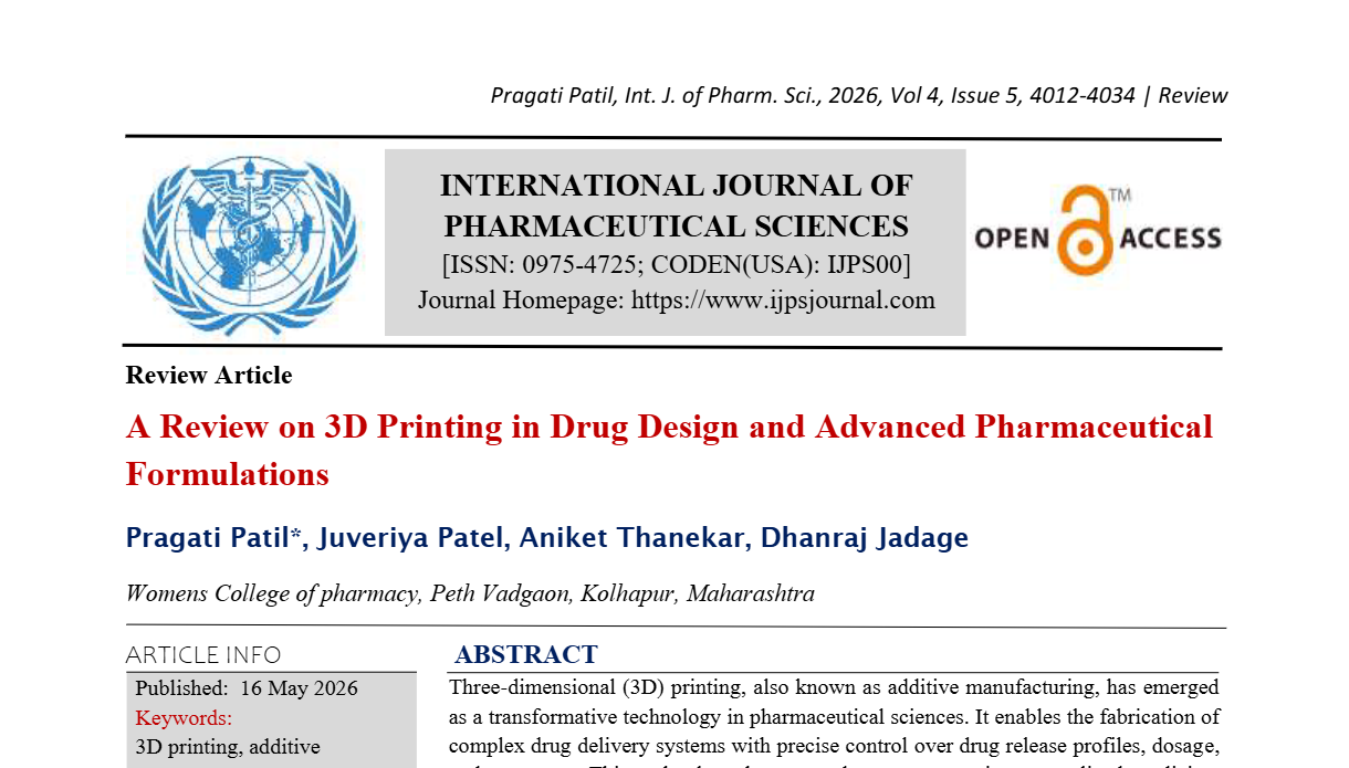 A Review on 3D Printing in Drug Design and Advanced Pharmaceutical Formulations
