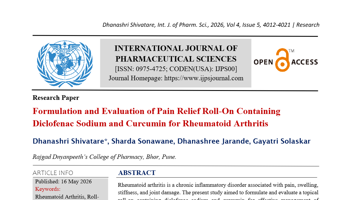 Formulation and Evaluation of Pain Relief Roll-On Containing Diclofenac Sodium and Curcumin for Rheumatoid Arthritis 