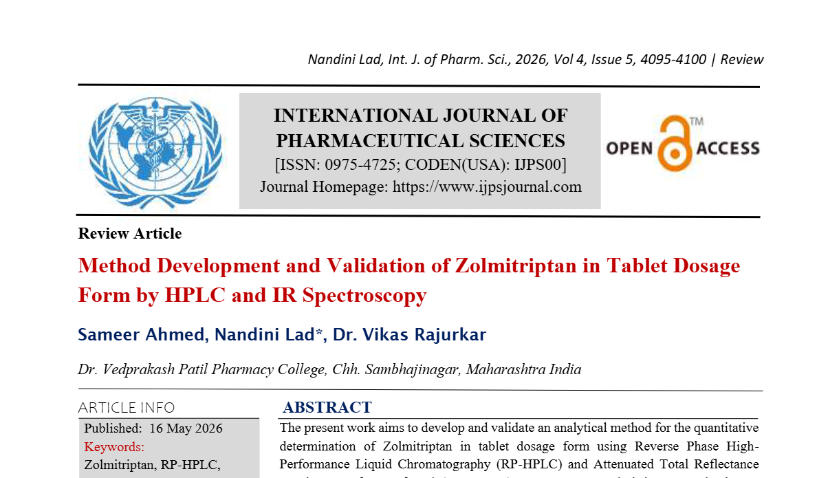Method Development and Validation of Zolmitriptan in Tablet Dosage Form by HPLC and IR Spectroscopy