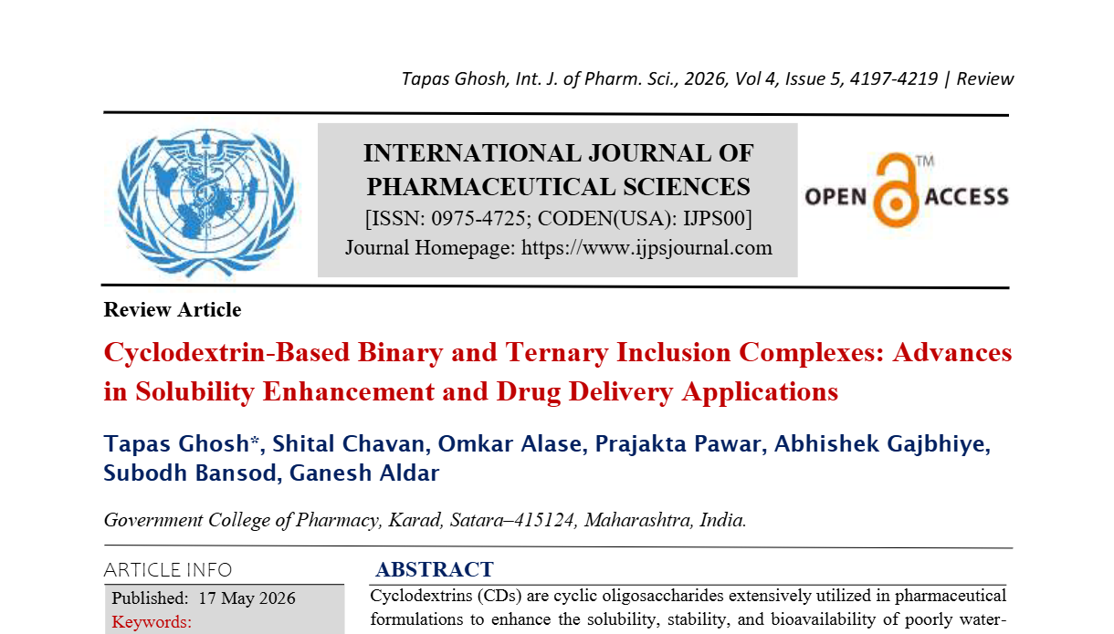 Cyclodextrin-Based Binary and Ternary Inclusion Complexes: Advances in Solubility Enhancement and Drug Delivery Applications
