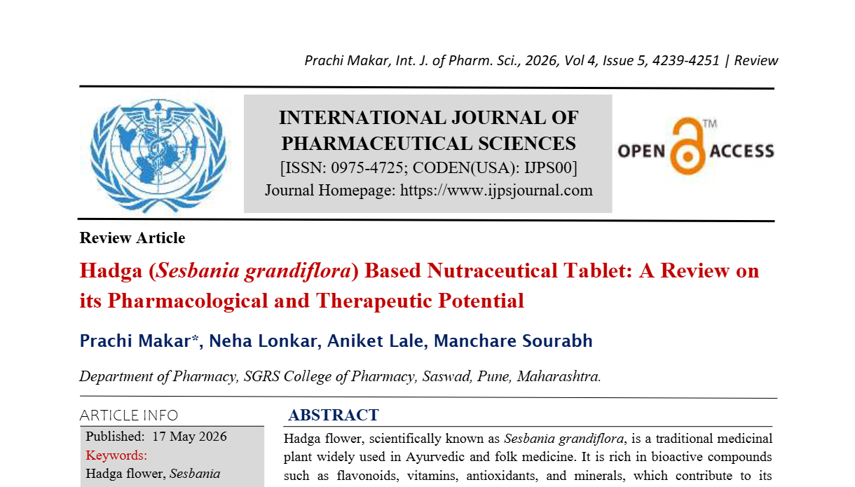 Hadga (Sesbania grandiflora) Based Nutraceutical Tablet: A Review on its Pharmacological and Therapeutic Potential