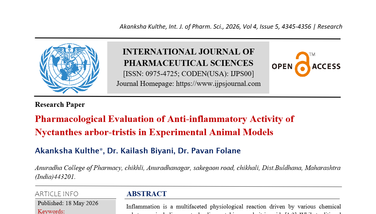 Pharmacological Evaluation of Anti-inflammatory Activity of Nyctanthes arbor-tristis in Experimental Animal Models
