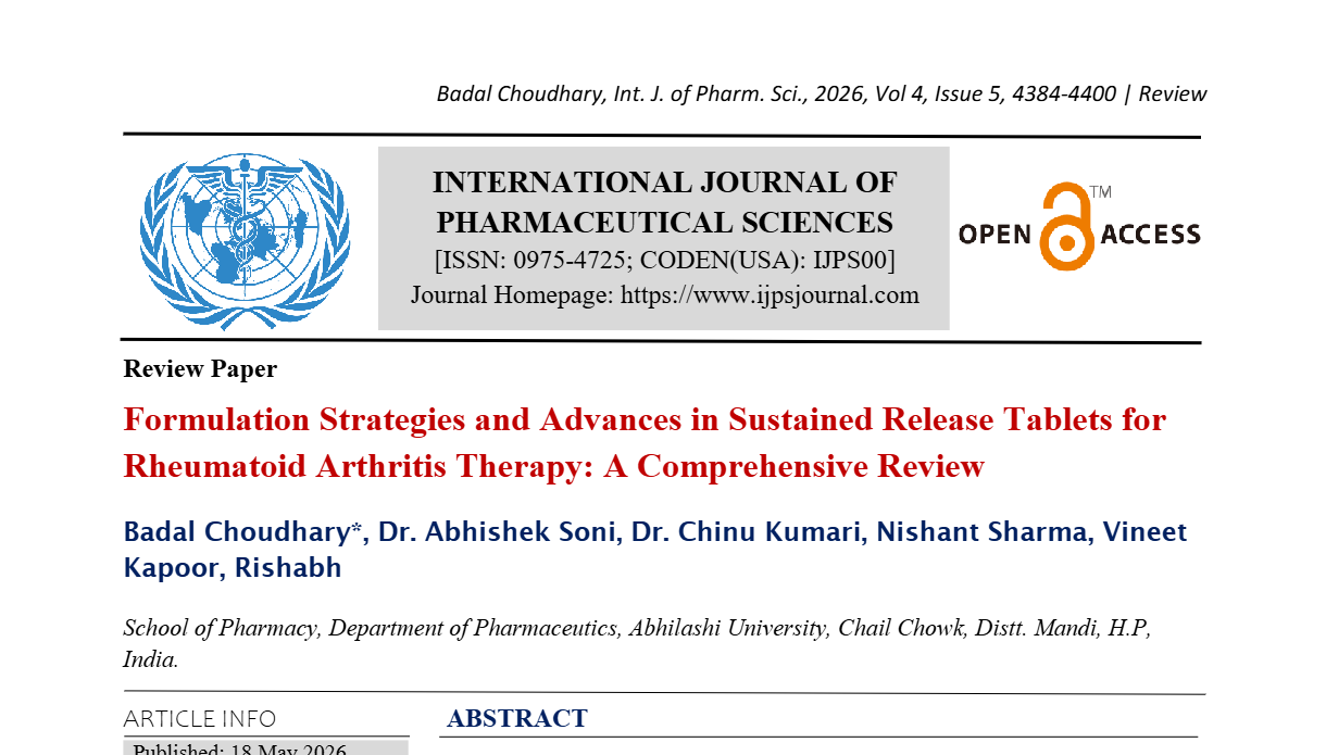 Formulation Strategies and Advances in Sustained Release Tablets for Rheumatoid Arthritis Therapy: A Comprehensive Review