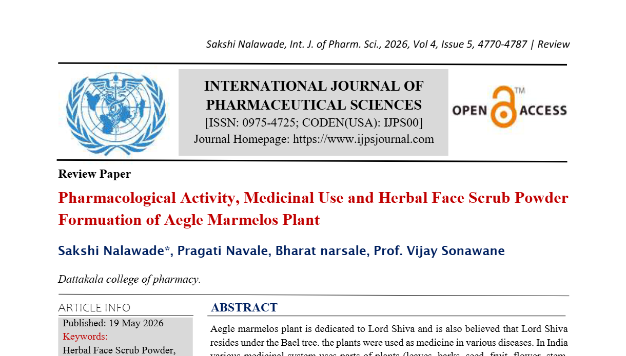 Pharmacological Activity, Medicinal Use and Herbal Face Scrub Powder Formuation of Aegle Marmelos Plant