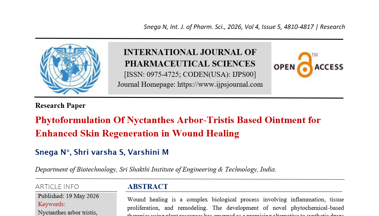 Phytoformulation of Nyctanthes arbor-tristis Based Ointment for Enhanced Skin Regeneration in Wound Healing