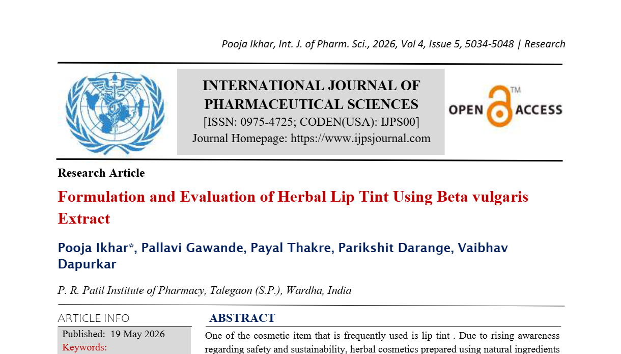 Formulation and Evaluation of Herbal Lip Tint Using Beta vulgaris Extract