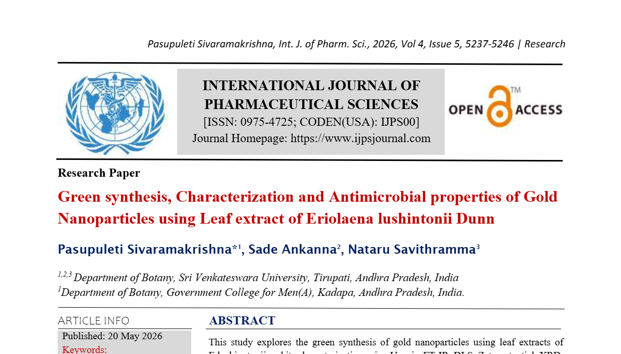 Green synthesis, Characterization and Antimicrobial properties of Gold Nanoparticles using Leaf extract of Eriolaena lushintonii Dunn. 