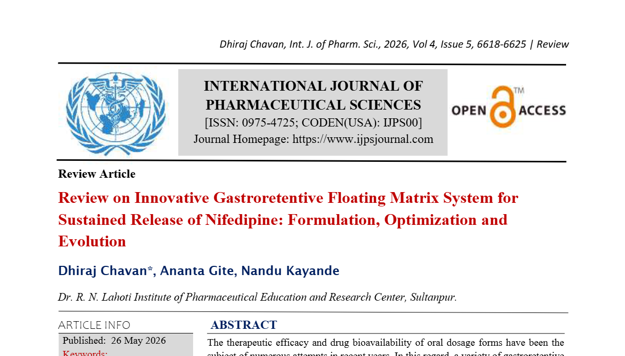 Review on Innovative Gastroretentive Floating Matrix System for Sustained Release of Nifedipine: Formulation, Optimization and Evolution