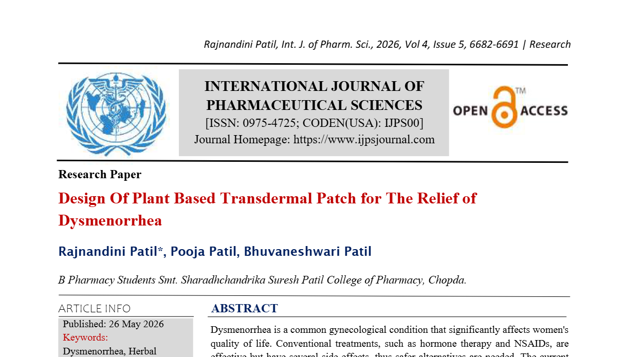 Design Of Plant Based Transdermal Patch for The Relief of Dysmenorrhea