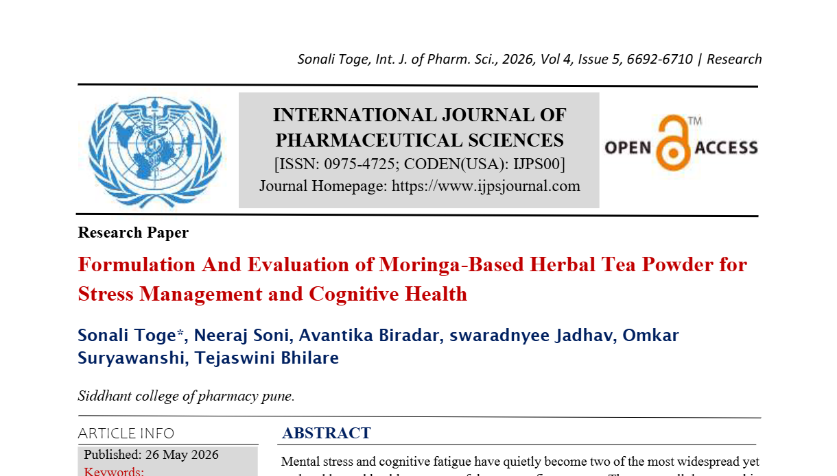 Formulation And Evaluation of Moringa-Based Herbal Tea Powder for Stress Management and Cognitive Health