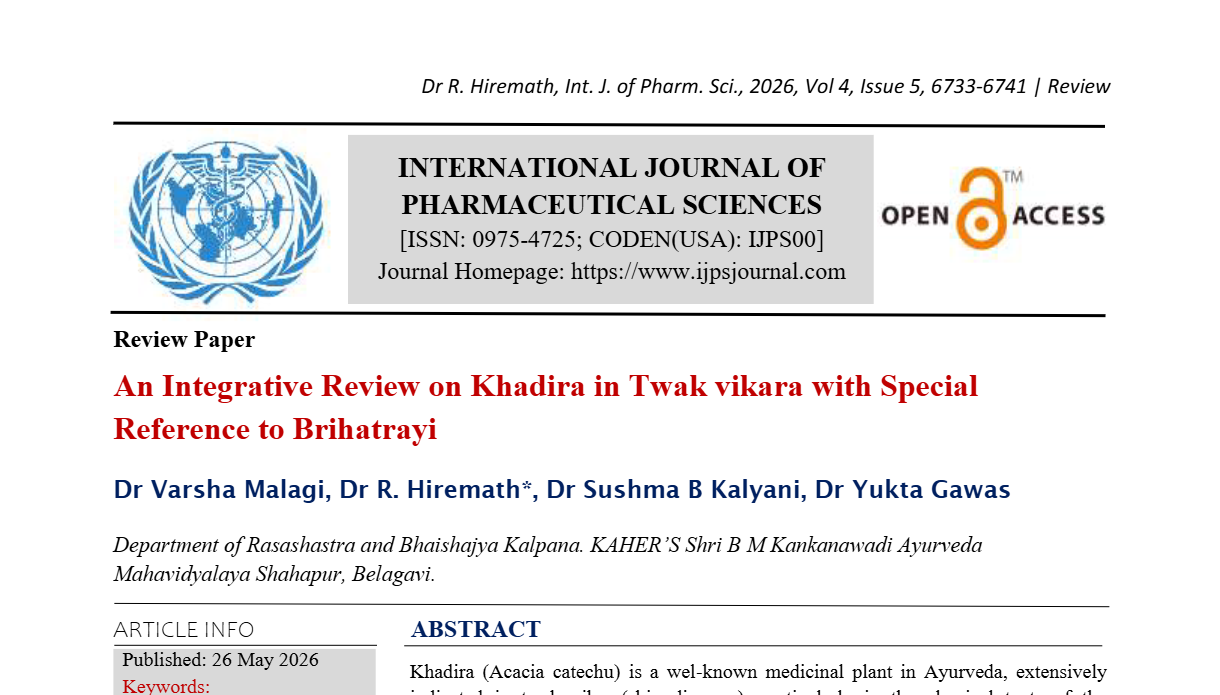 An Integrative Review on Khadira in Twak vikara with Special Reference to Brihatrayi 