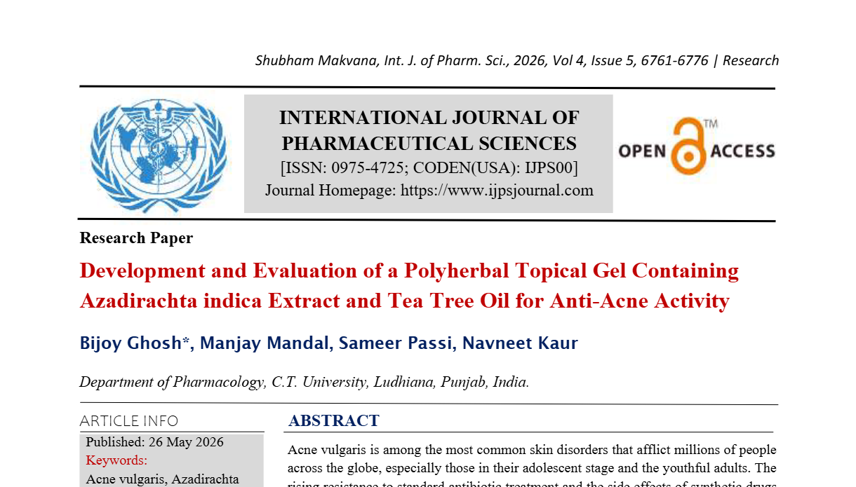 Development and Evaluation of a Polyherbal Topical Gel Containing Azadirachta indica Extract and Tea Tree Oil for Anti-Acne Activity 