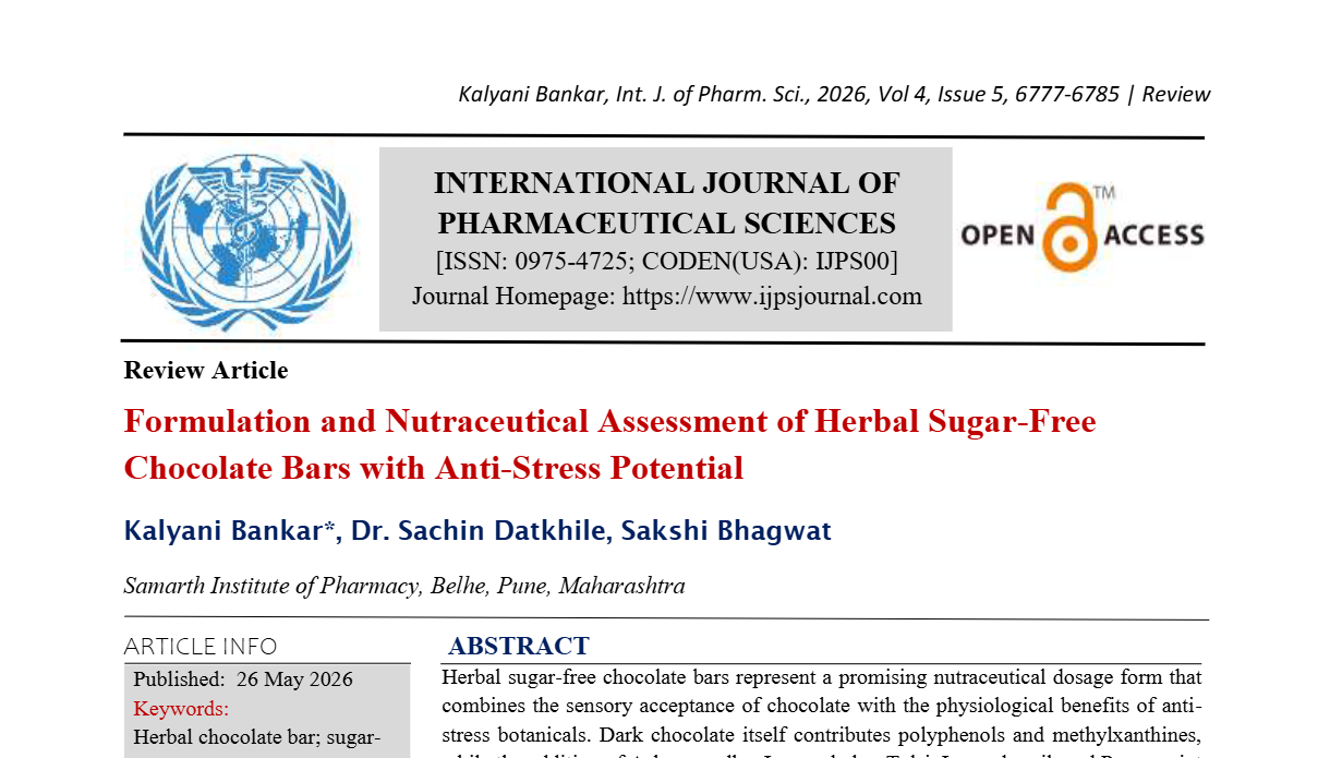 Formulation and Nutraceutical Assessment of Herbal Sugar-Free Chocolate Bars with Anti-Stress Potential