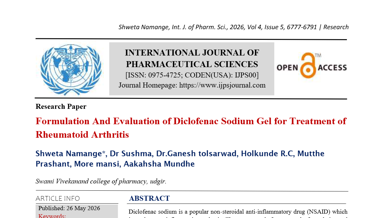 Formulation And Evaluation of Diclofenac Sodium Gel for Treatment of Rheumatoid Arthritis