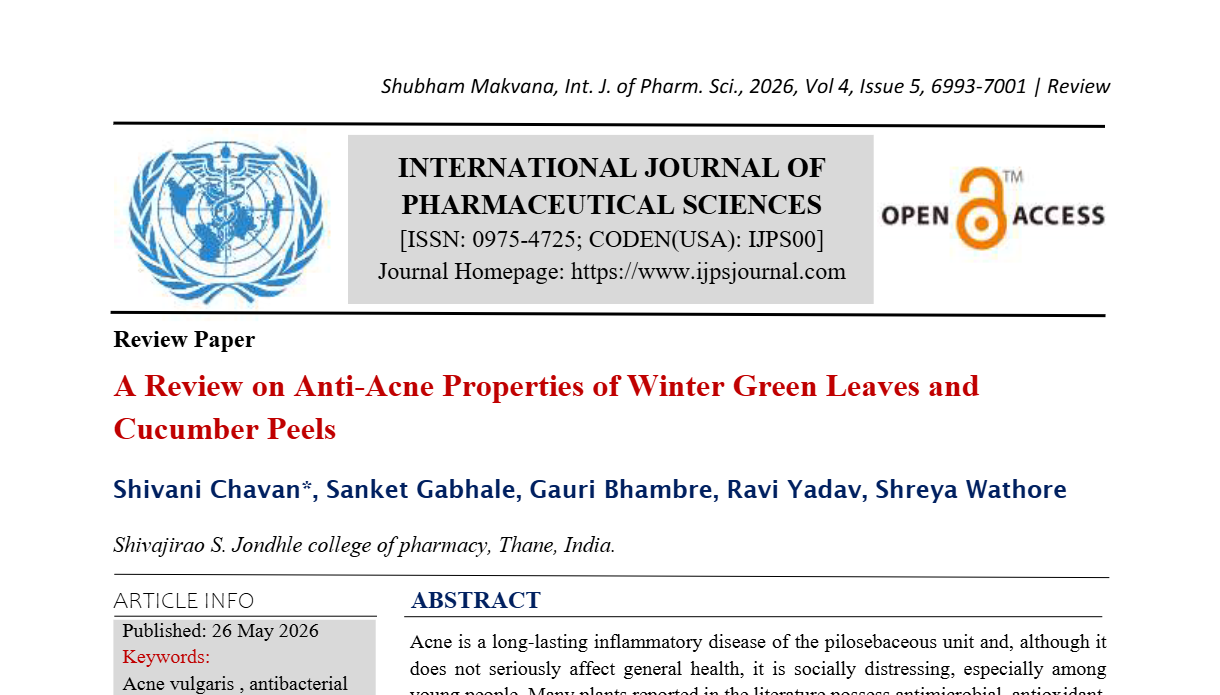 A Review on Anti-Acne Properties of Winter Green Leaves and Cucumber Peels  