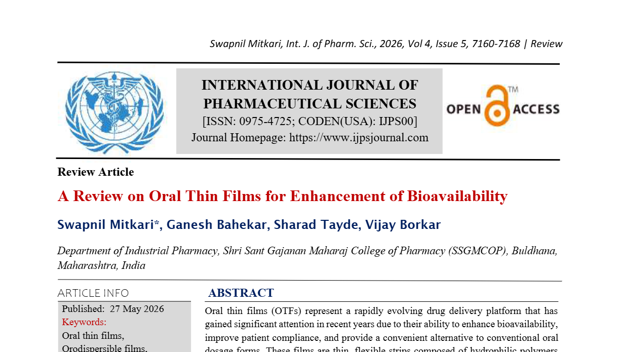 A Review on Oral Thin Films for Enhancement of Bioavailability