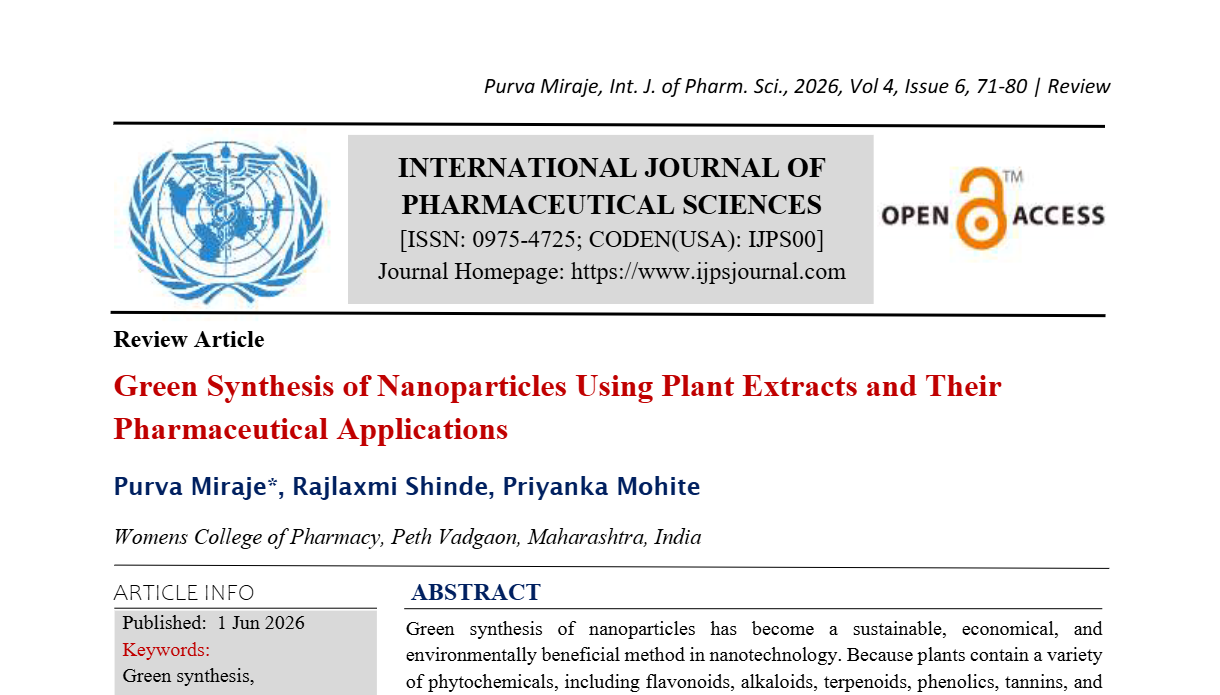 Green Synthesis of Nanoparticles Using Plant Extracts and Their Pharmaceutical Applications