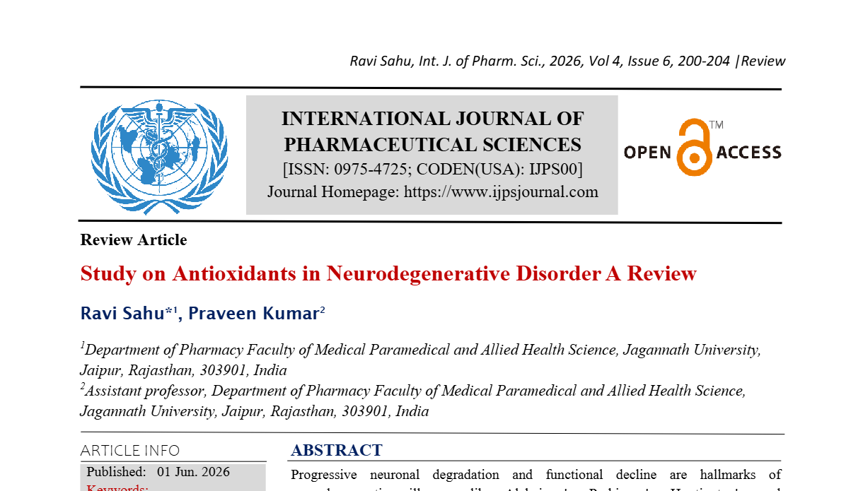 Study on Antioxidants in Neurodegenerative Disorder A Review