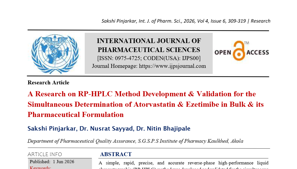 A Research on RP-HPLC Method Development & Validation for the Simultaneous Determination of Atorvastatin & Ezetimibe in Bulk & its Pharmaceutical Formulation