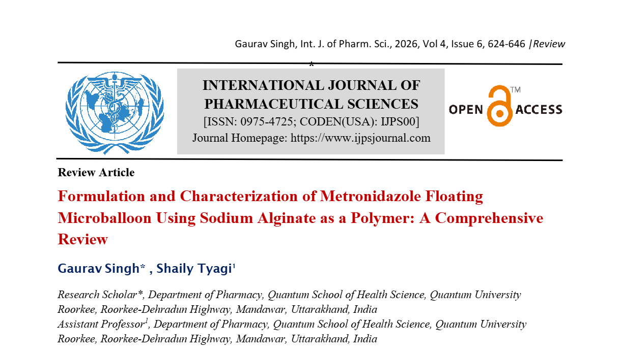 Formulation and Characterization of Metronidazole Floating  Microballoon Using Sodium Alginate as a Polymer: A Comprehensive  Review