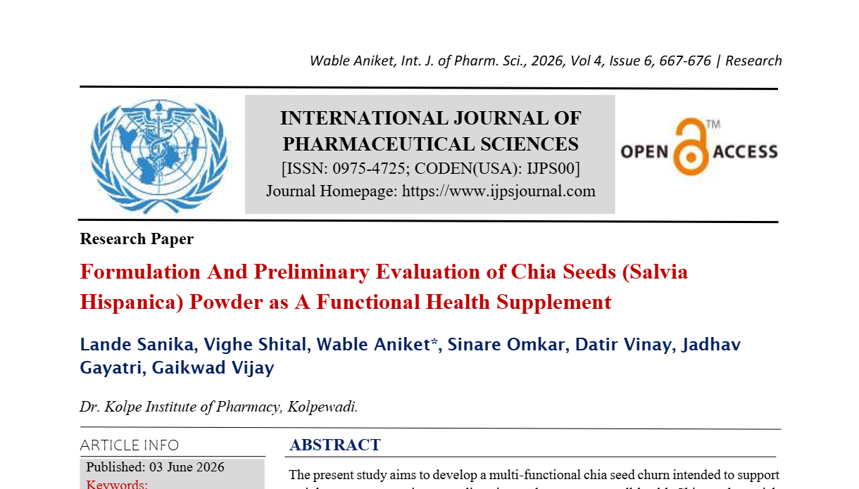 Formulation And Preliminary Evaluation of Chia Seeds (Salvia Hispanica) Powder as A Functional Health Supplement