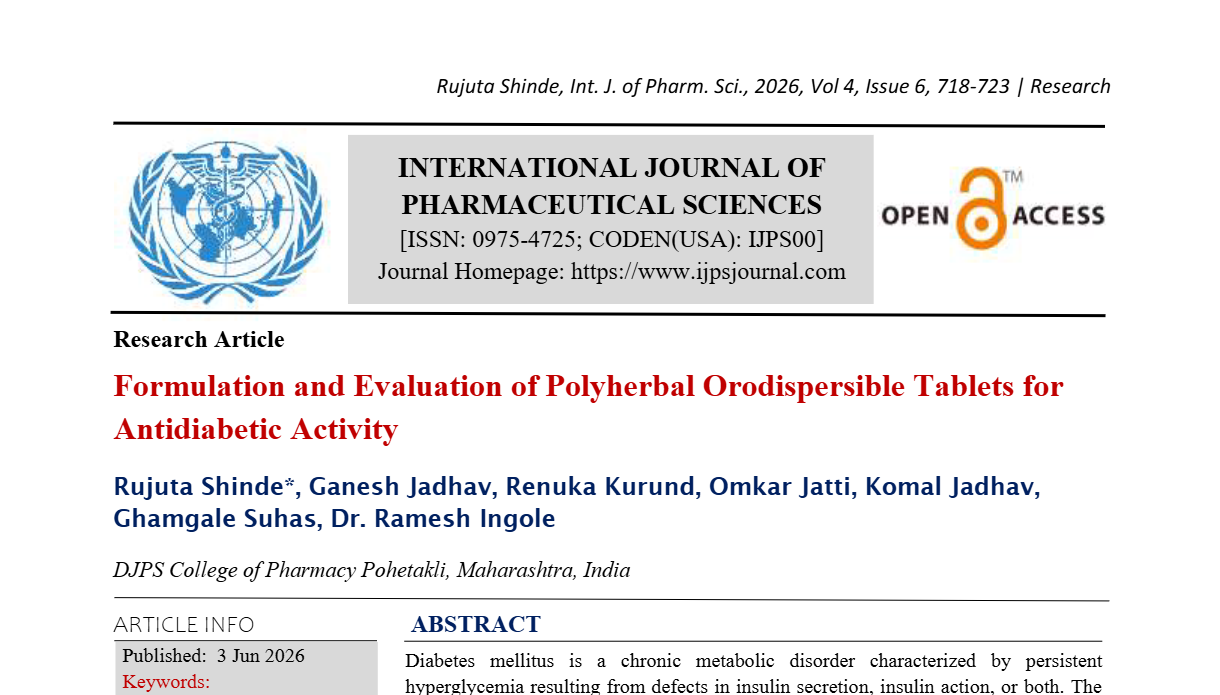 Formulation and Evaluation of Polyherbal Orodispersible Tablets for Antidiabetic Activity