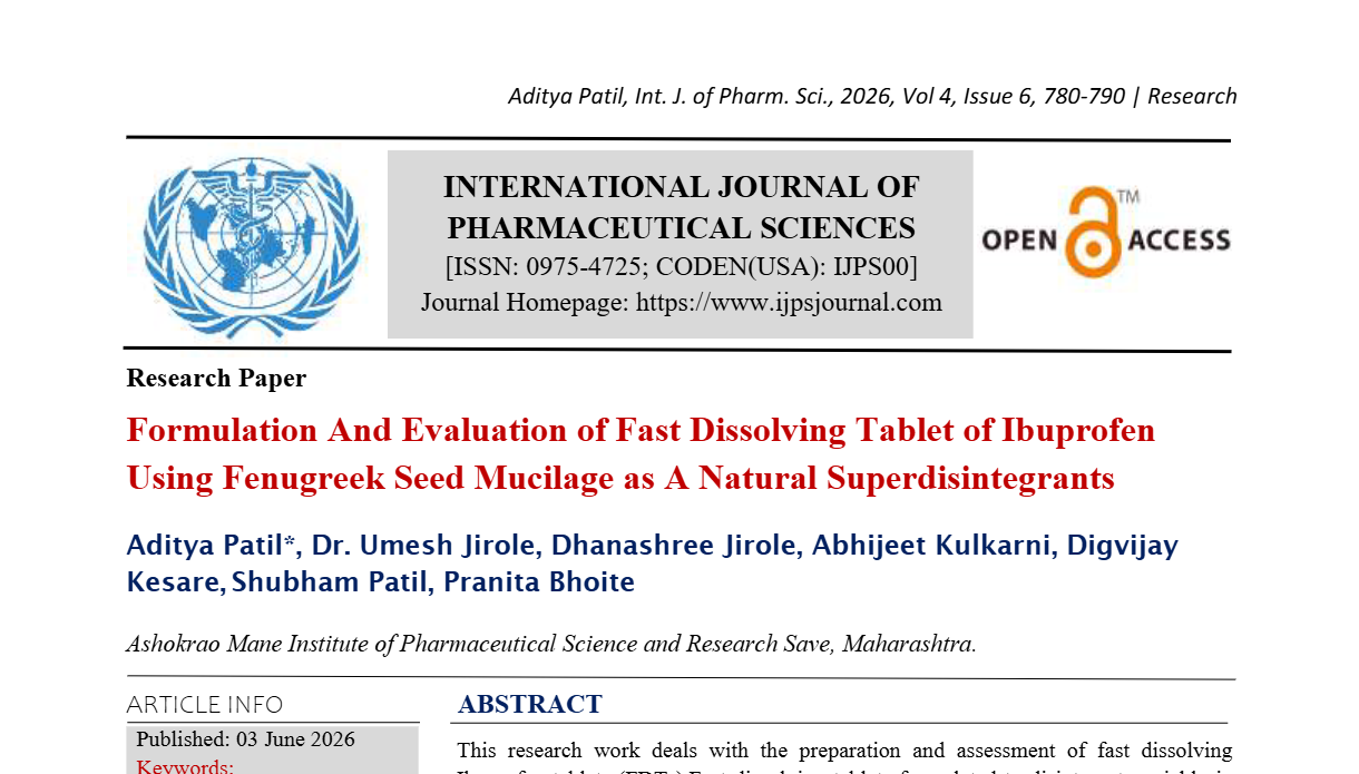 Formulation And Evaluation of Fast Dissolving Tablet of Ibuprofen Using Fenugreek Seed Mucilage as A Natural Superdisintegrants