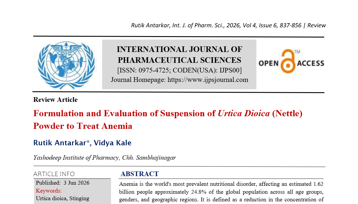 Formulation and Evaluation of Suspension of Urtica Dioica (Nettle) Powder to Treat Anemia
