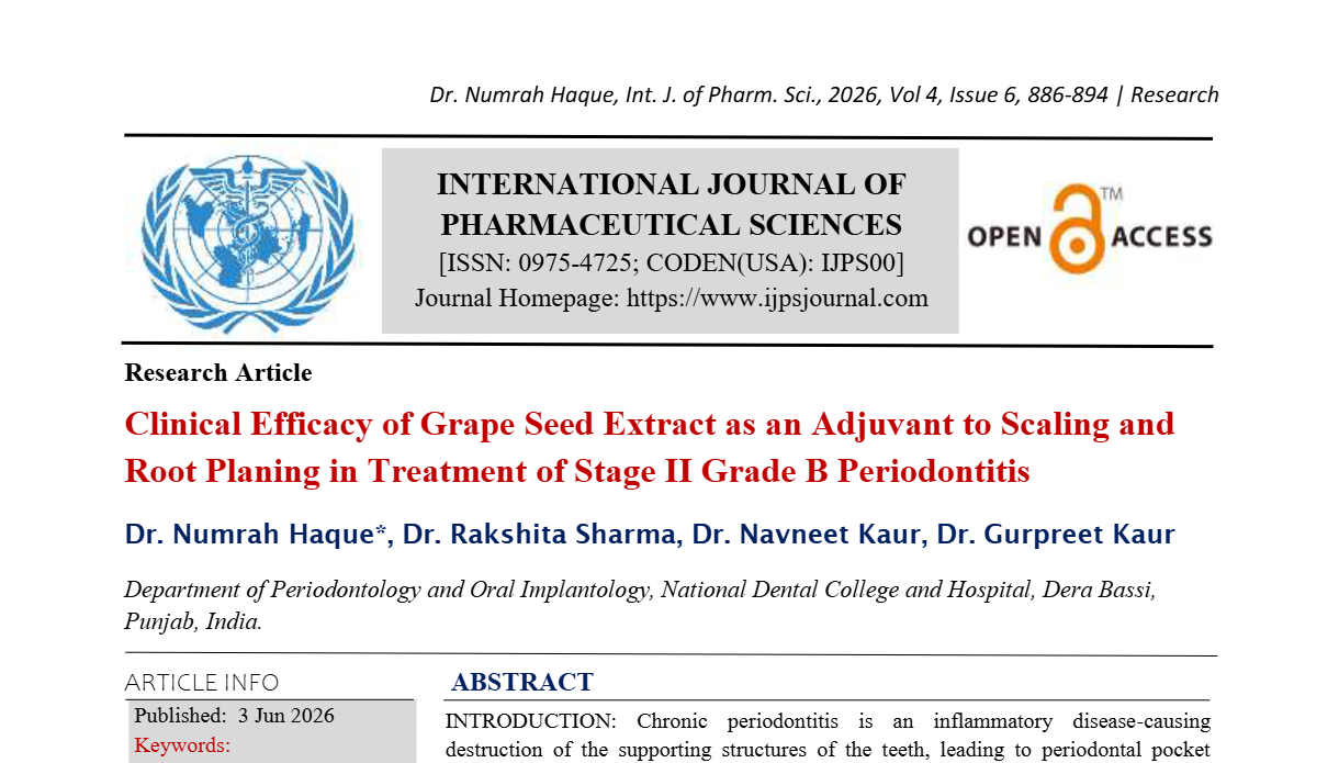 Clinical Efficacy of Grape Seed Extract as an Adjuvant to Scaling and Root Planing in Treatment of Stage II Grade B Periodontitis