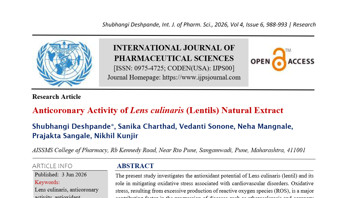 Anticoronary Activity of Lens culinaris (Lentils) Natural Extract