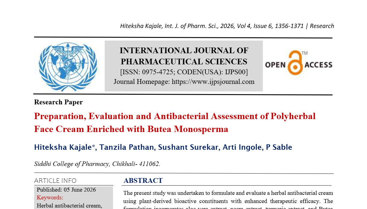 Preparation, Evaluation and Antibacterial Assessment of Polyherbal Face Cream Enriched with Butea Monosperma