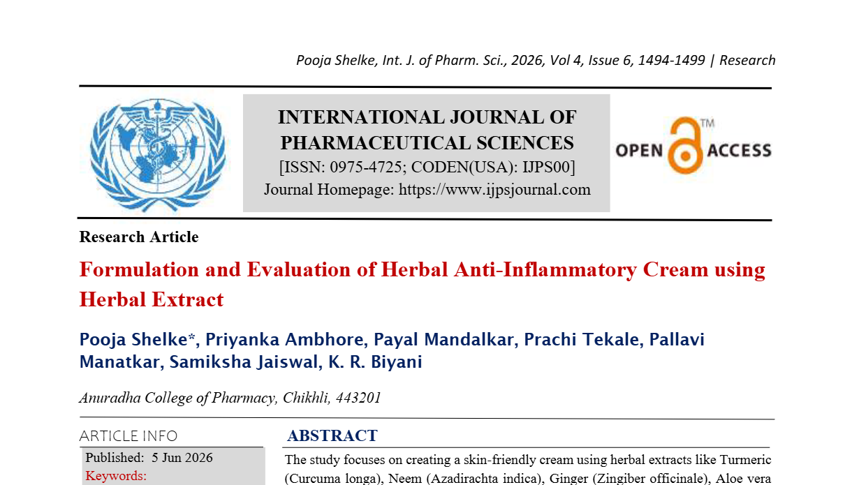 Formulation and Evaluation of Herbal Anti-Inflammatory Cream using Herbal Extract