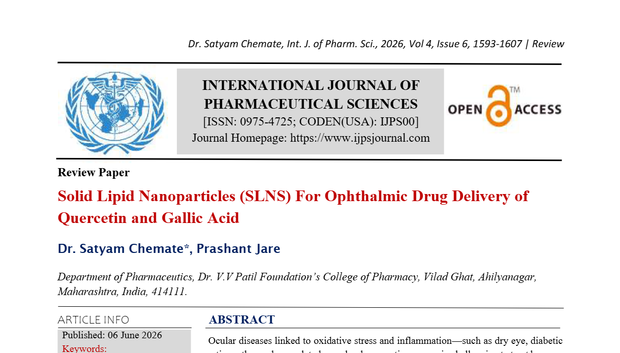 Solid Lipid Nanoparticles (SLNS) For Ophthalmic Drug Delivery of Quercetin and Gallic Acid