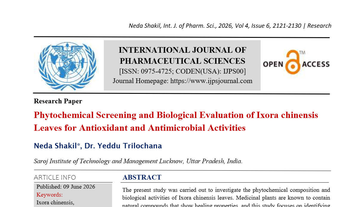 Phytochemical Screening and Biological Evaluation of Ixora chinensis Leaves for Antioxidant and Antimicrobial Activities