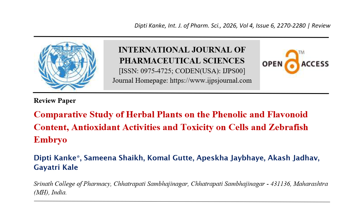 Comparative Study of Herbal Plants on the Phenolic and Flavonoid Content, Antioxidant Activities and Toxicity on Cells and Zebrafish Embryo
