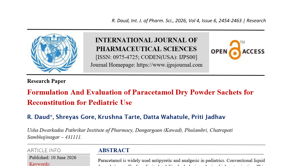Formulation And Evaluation of Paracetamol Dry Powder Sachets for Reconstitution for Pediatric Use