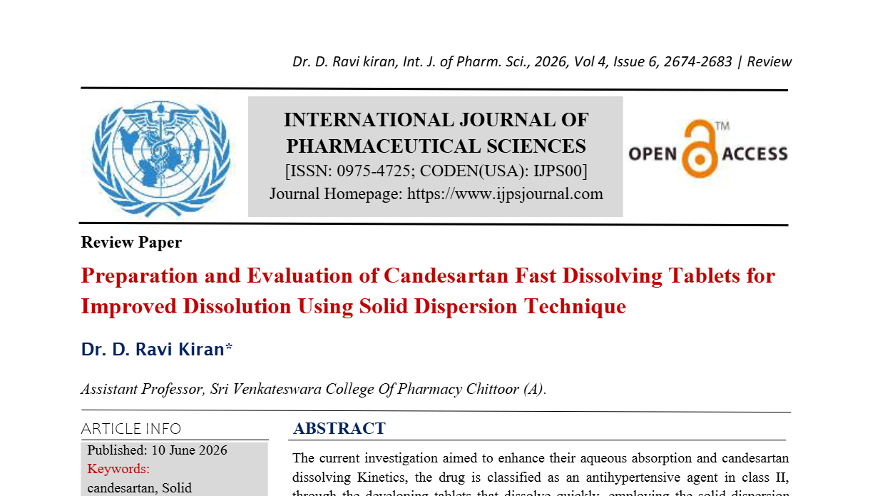 Preparation and Evaluation of Candesartan Fast Dissolving Tablets for Improved Dissolution Using Solid Dispersion Technique