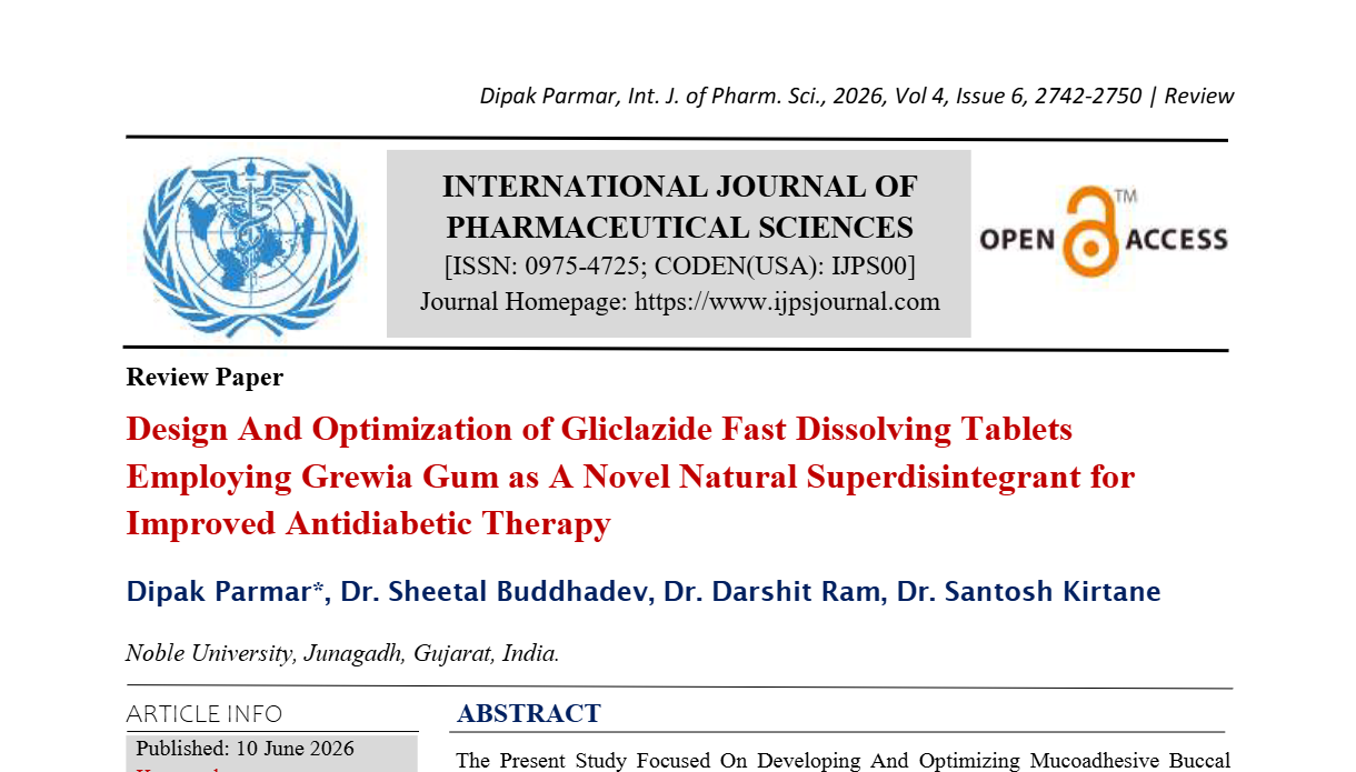 Design And Optimization Of Gliclazide Fast Dissolving Tablets Employing Grewia Gum As A Novel Natural Superdisintegrant For Improved Antidiabetic Therapy