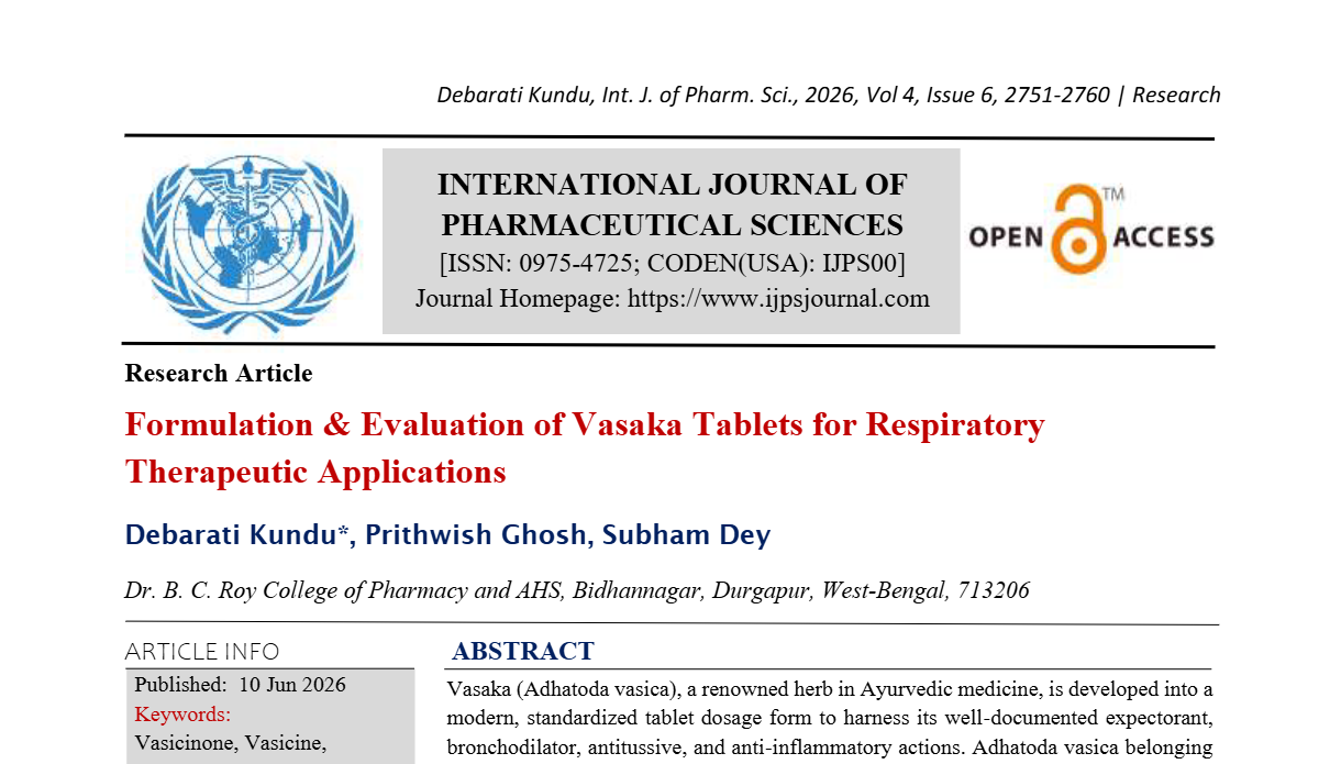 Formulation & Evaluation of Vasaka Tablets for Respiratory Therapeutic Applications