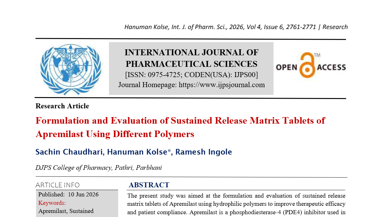 Formulation and Evaluation of Sustained Release Matrix Tablets of Apremilast Using Different Polymers