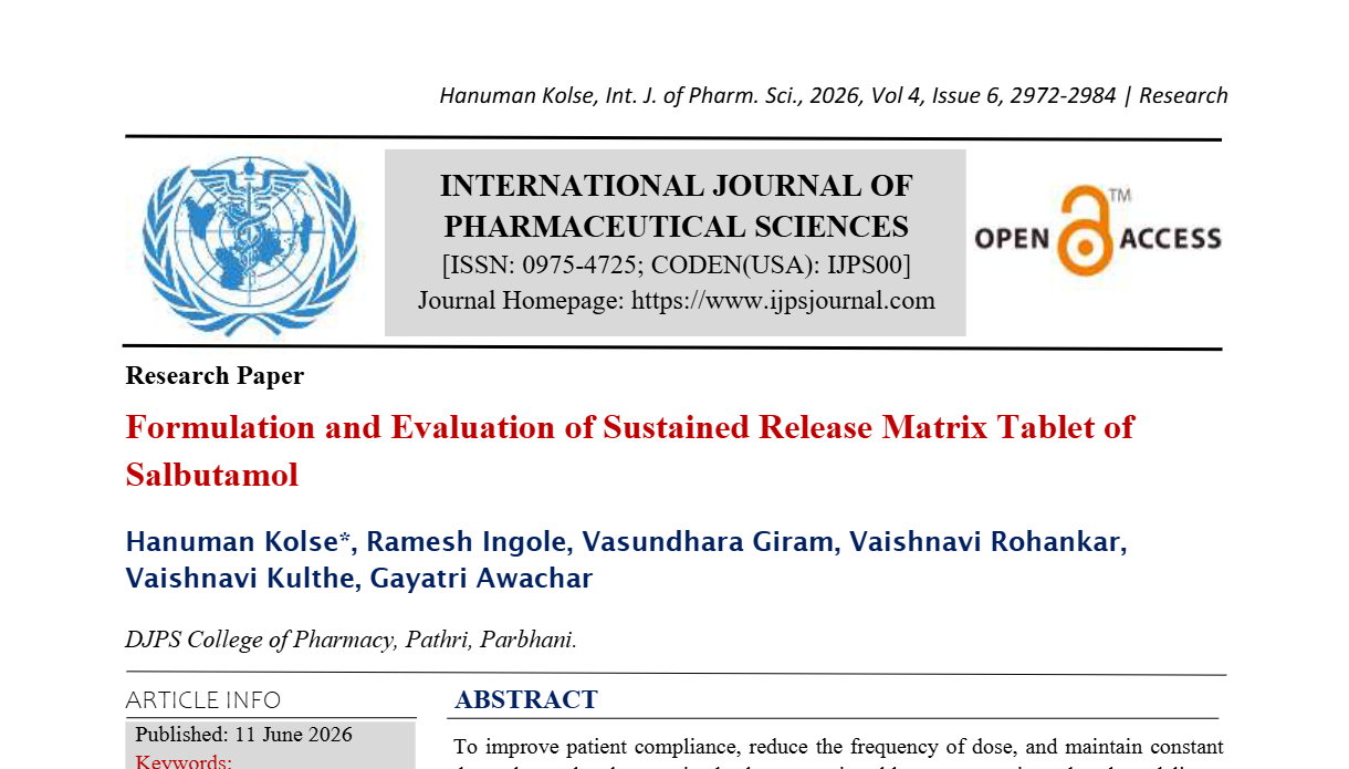 Formulation and Evaluation of Sustained Release Matrix Tablet of Salbutamol