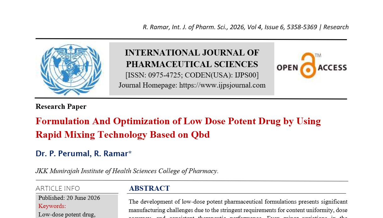 Formulation And Optimization of Low Dose Potent Drug by Using Rapid Mixing Technology Based on Qbd