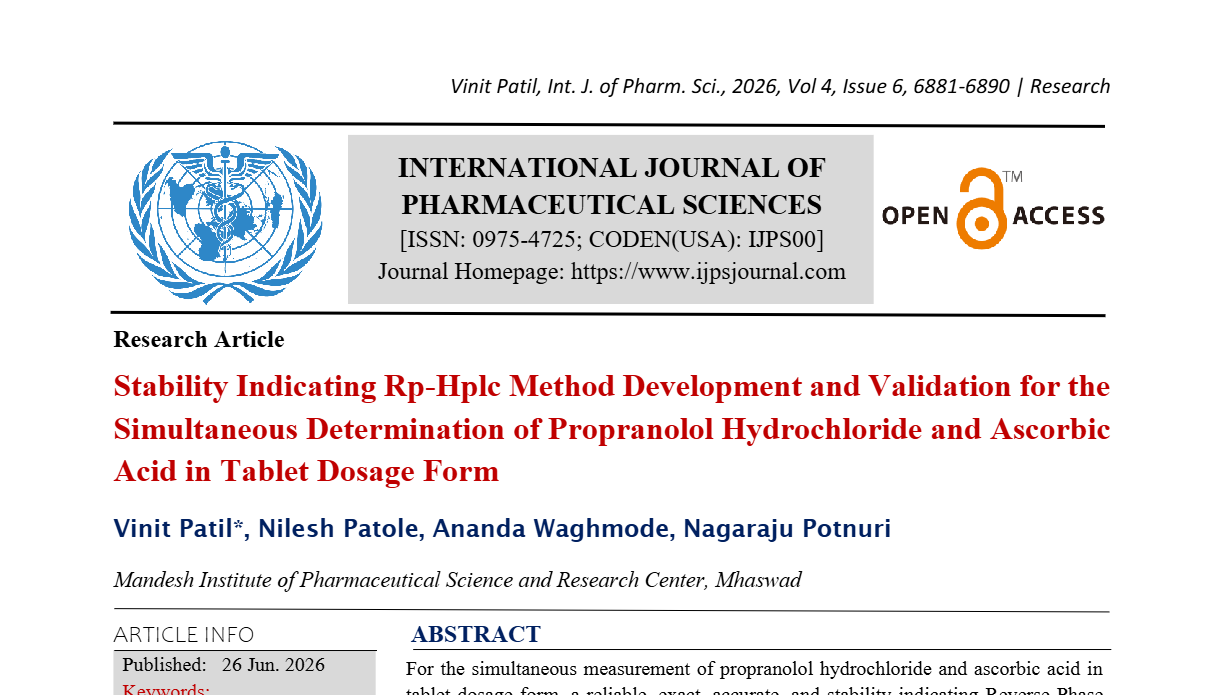 Stability Indicating Rp-Hplc Method Development And Validation For The Simultaneous Determination Of Propranolol Hydrochloride And Ascorbic Acid In Tablet Dosage Form