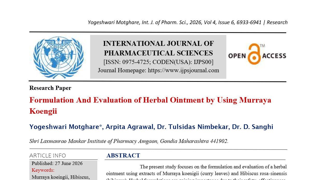 Formulation And Evaluation of Herbal Ointment by Using Murraya Koengii