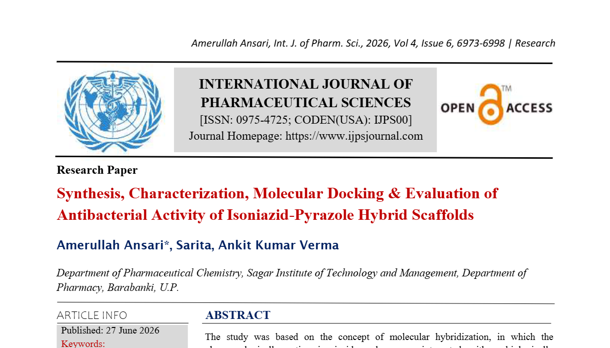 Synthesis, Characterization, Molecular Docking & Evaluation of Antibacterial Activity of Isoniazid-Pyrazole Hybrid Scaffolds