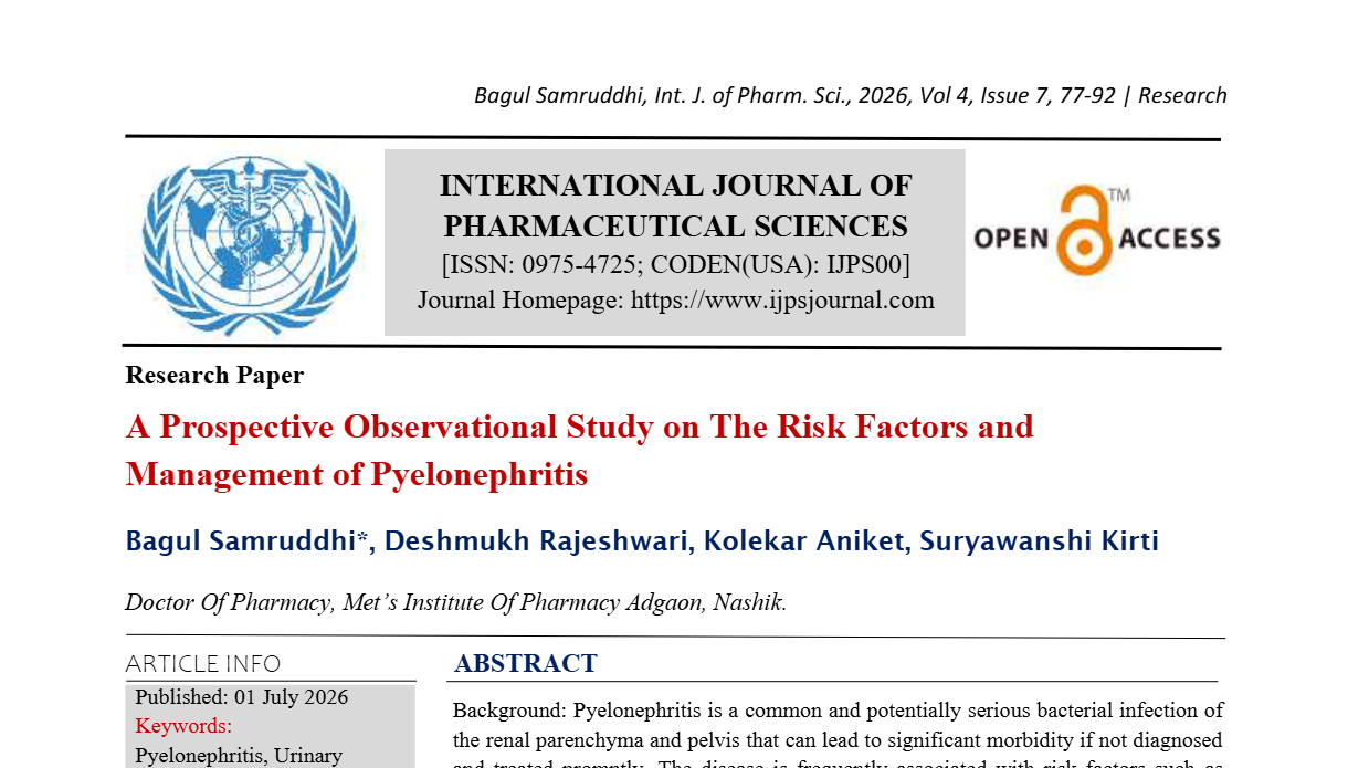 A Prospective Observational Study on The Risk Factors and Management of Pyelonephritis
