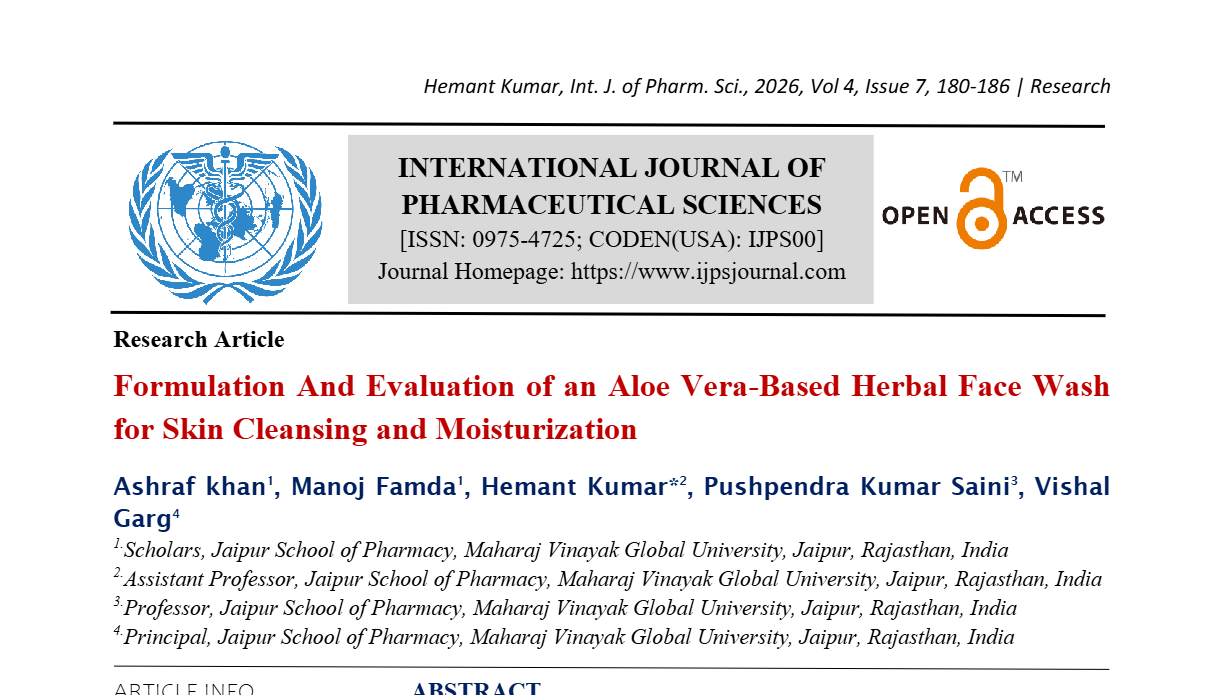 Formulation And Evaluation of an Aloe Vera-Based Herbal Face Wash for Skin Cleansing and Moisturization