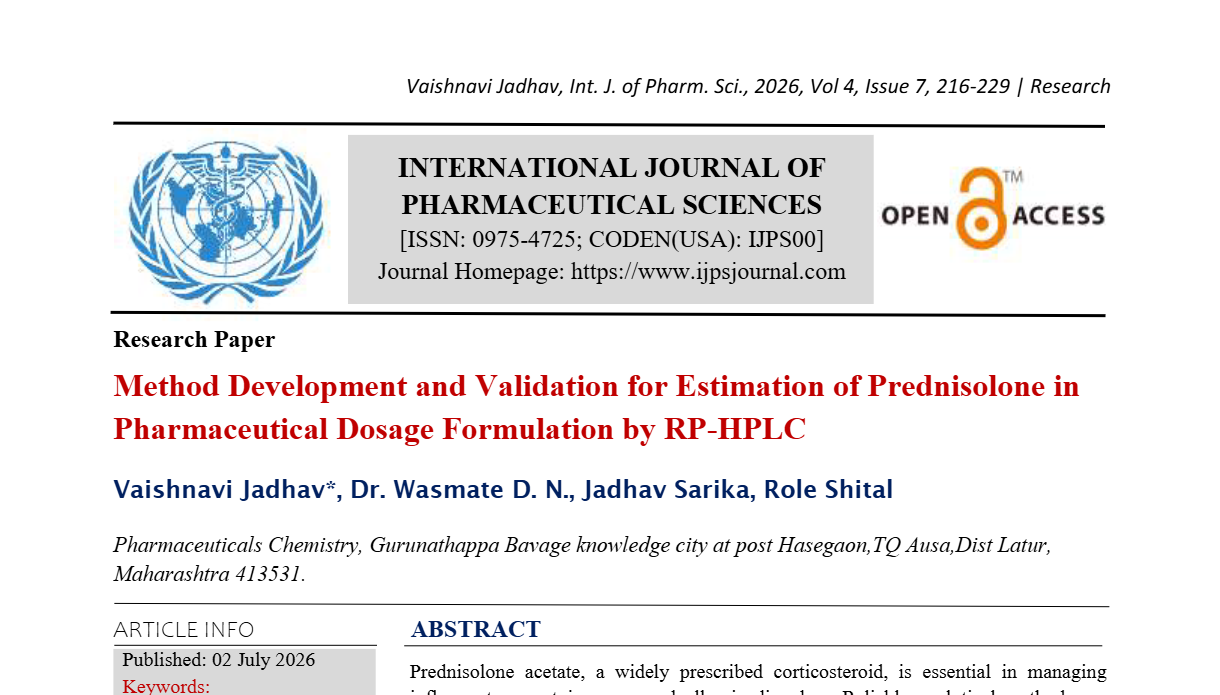 Method Development and Validation for Estimation of Prednisolone in Pharmaceutical Dosage Formulation by RP-HPLC