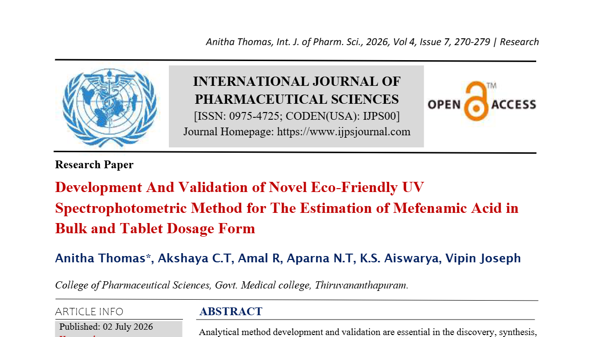 Development And Validation of Novel Eco-Friendly UV Spectrophotometric Method for The Estimation of Mefenamic Acid in Bulk and Tablet Dosage Form