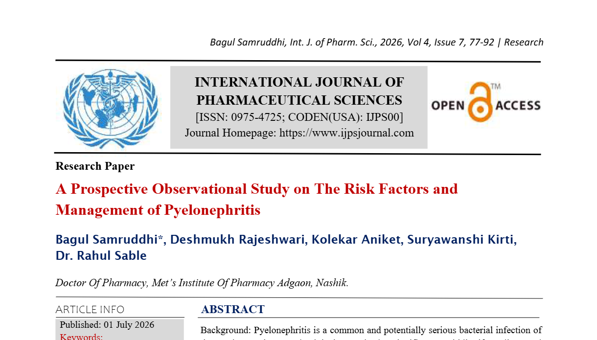A Prospective Observational Study on The Risk Factors and Management of Pyelonephritis